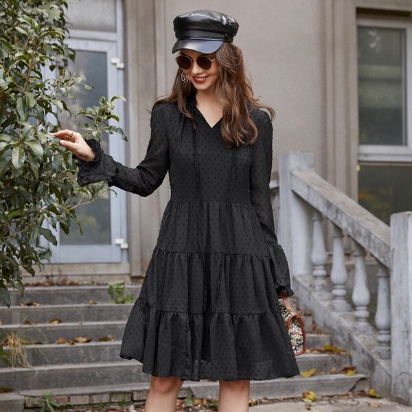 

Tie Neck Swiss Dot Ruffle Hem Dress, Black