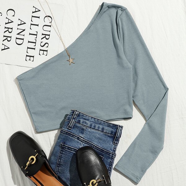 

One Shoulder Crop Tee, Dusty blue
