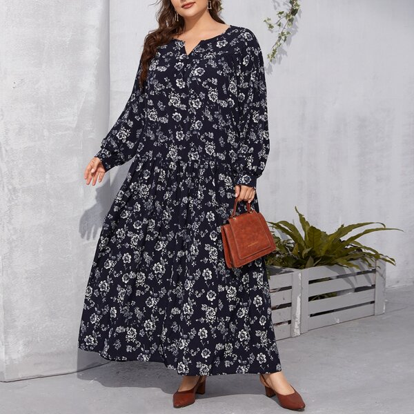 

Plus Notch Neck Allover Floral Maxi Dress, Navy blue