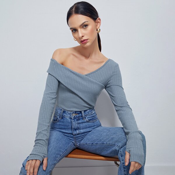 

Foldover Asymmetrical Neck Rib-knit Tee, Dusty blue