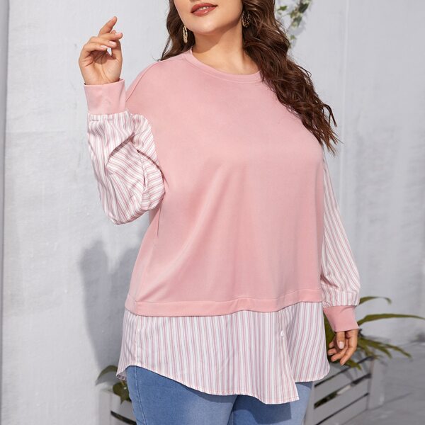 

Plus Contrast Striped Panel Longline Sweatshirt, Pink