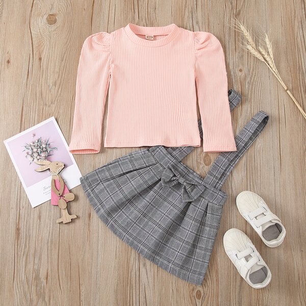 

Toddler Girl Rib-Knit Tee With Bow Plaid Suspender Skirt, Multicolor