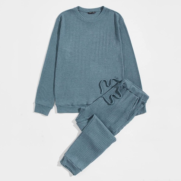 

Men Waffle Knit Pullover & Drawstring Waist Sweatpants Set, Dusty blue