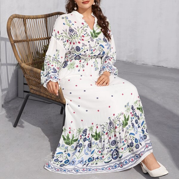 

Plus Notch Neck Floral Print A-line Dress, White