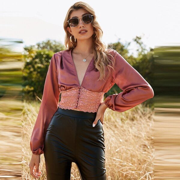 

Button Front Lace Hem Satin Blouse, Rusty rose