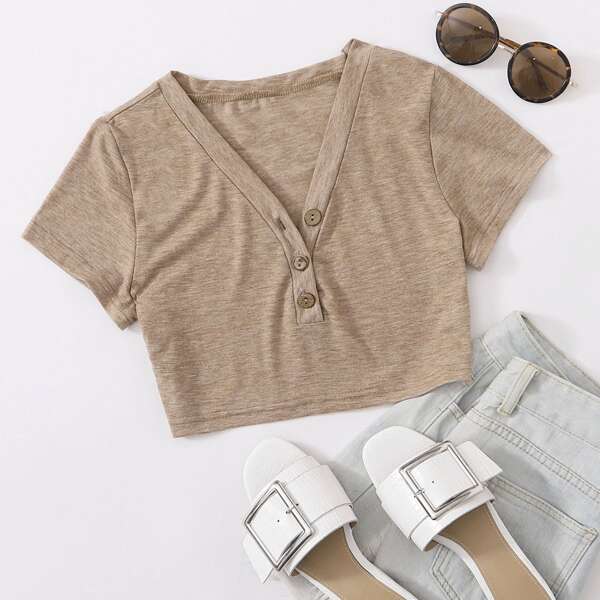 

Plus Marled Button Front Crop Tee, Khaki