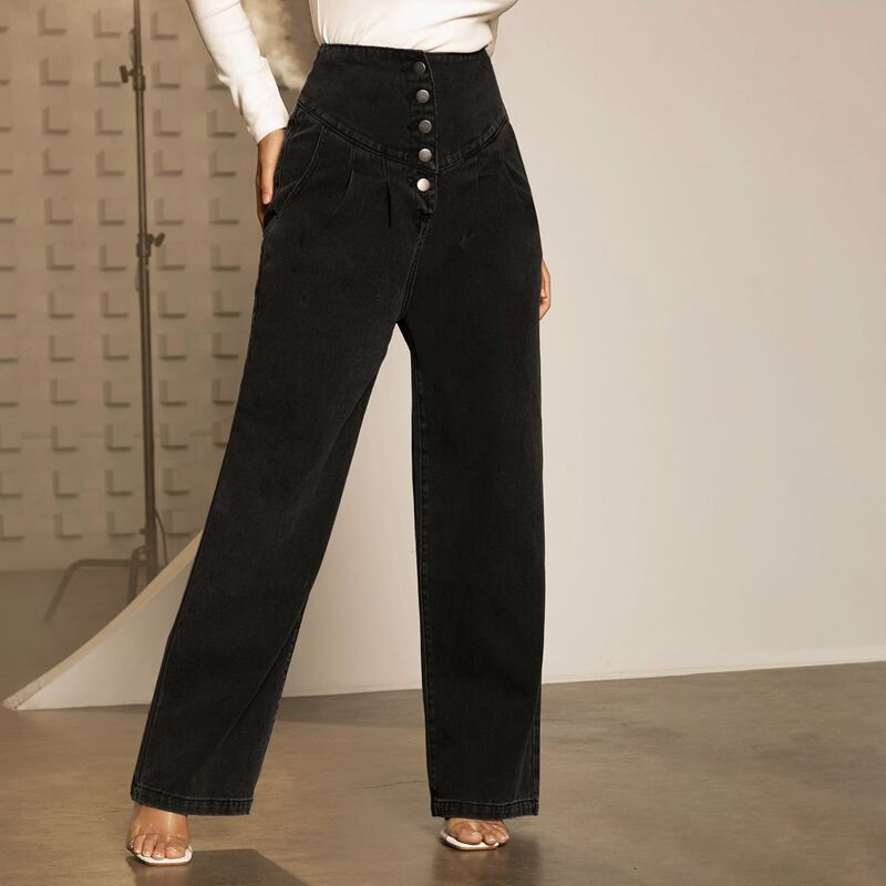 

Buttoned Front Wide Leg Jeans, Black