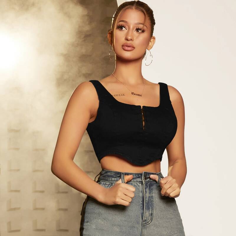 

Hook and Eye Front Asymmetrical Hem Denim Top, Black