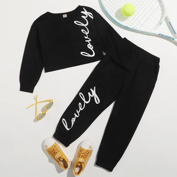 

Toddler Girls Letter Graphic Sweatshirt & Sweatpants, Black