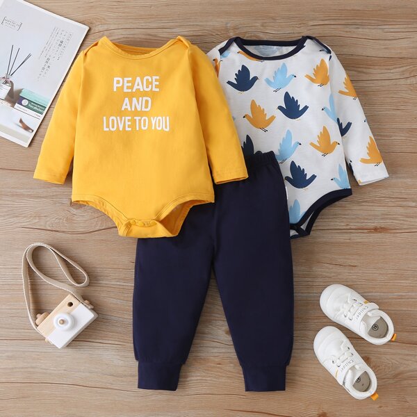 

Baby Boy 3pack Slogan And Bird Print Bodysuit With Pants, Multicolor
