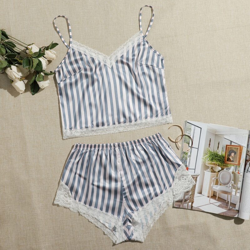 

Lace Trim Striped Satin Cami Top & Shorts PJ Set, Blue and white