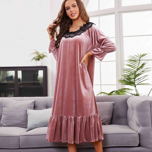 

Lace Panel Flounce Sleeve Velvet Night Dress, Dusty pink