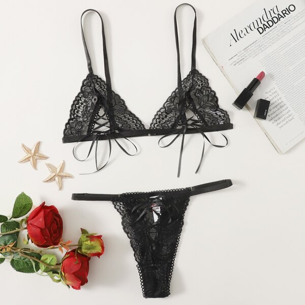 

Floral Lace Lace-up Decor Lingerie Set, Black