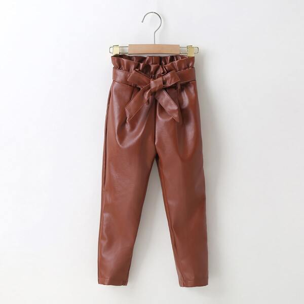 

Toddler Girls Paper Bag Waist Belted PU Leather Pants, Coffee brown