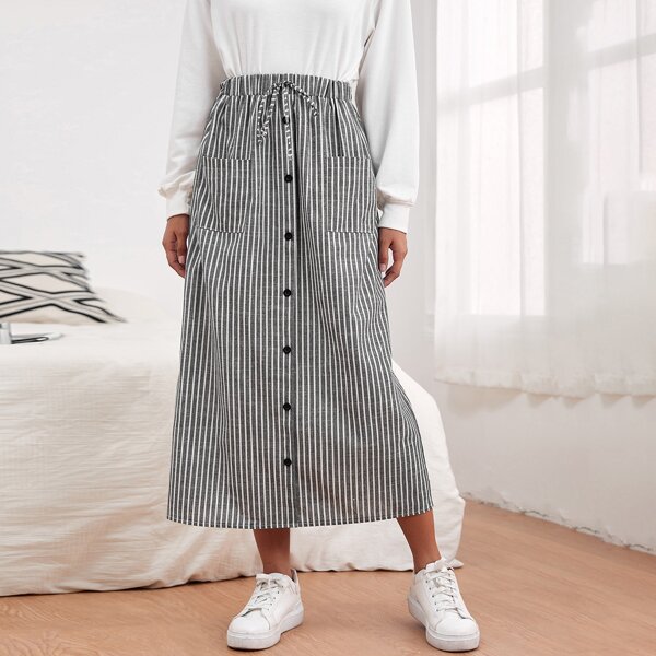 

Striped Pocket A-line Skirt, Black and white