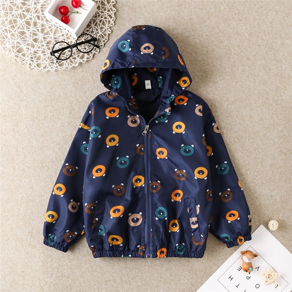 

Toddler Boys Cartoon Graphic Hooded Windbreaker Jacket, Navy blue