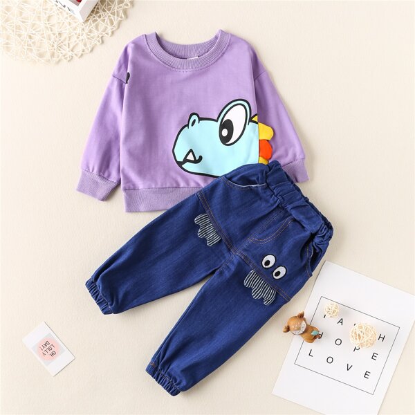

Toddler Boys 3D Patched Cartoon Graphic Sweatshirt With Jeans, Multicolor