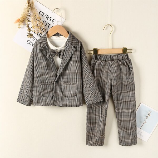 

Toddler Boys Bow Neck Polo & Tartan Blazer & Pants Set, Grey