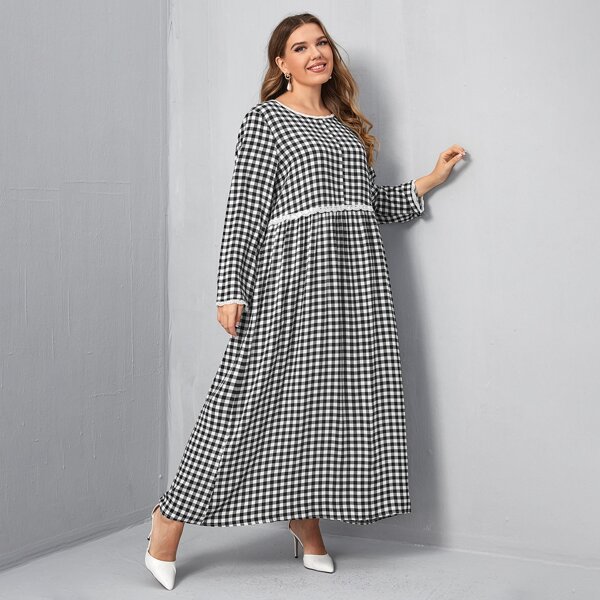 

Plus Gingham Print Contrast Lace Dress, Black and white