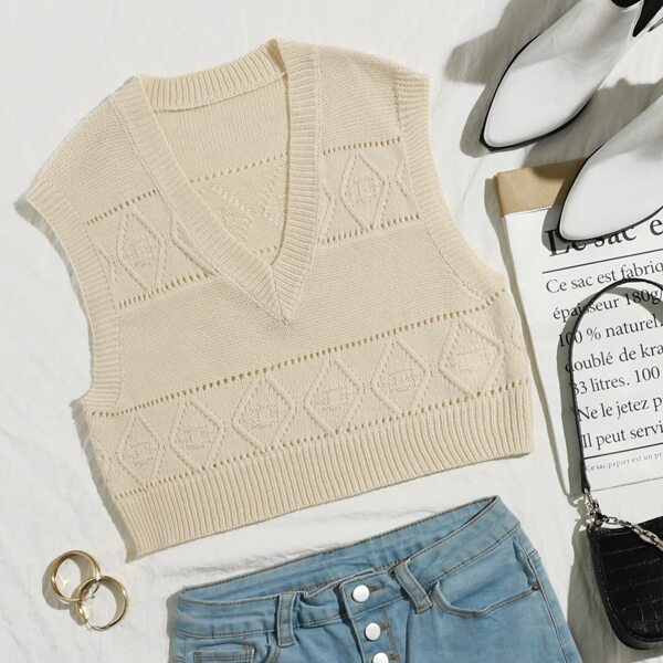 

V Neck Diamond Knit Sweater Vest, Beige