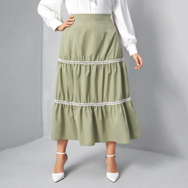 

Plus Ruffle Hem Contrast Trim Skirt, Lime green