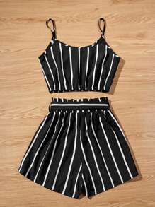 SHEIN Holidaya Plus Striped Cami Top & Paperbag Waist Belted Shorts - Black - View 2