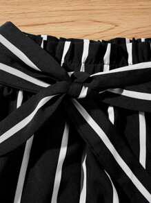 SHEIN Holidaya Plus Striped Cami Top & Paperbag Waist Belted Shorts - Black - View 3