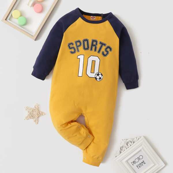 

Baby Unisex Letter Graphic Raglan Sleeve Jumpsuit, Yellow