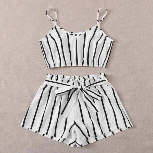 

Plus Striped Cami Top & Paperbag Waist Belted Shorts, White