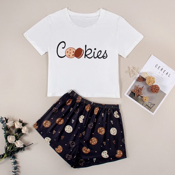 

Letter & Cookie Print Pajama Set, Multicolor