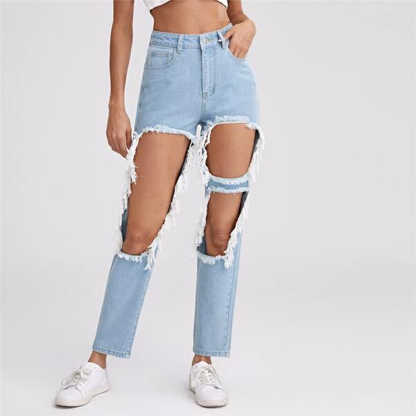 

High Waist Ripped Straight Leg Jeans, Light wash