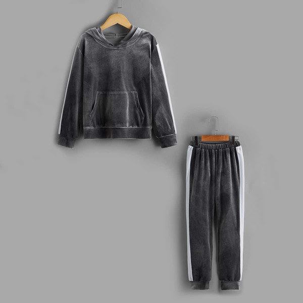 

Girls Velvet Side Panel Hooded PJ Set, Dark grey