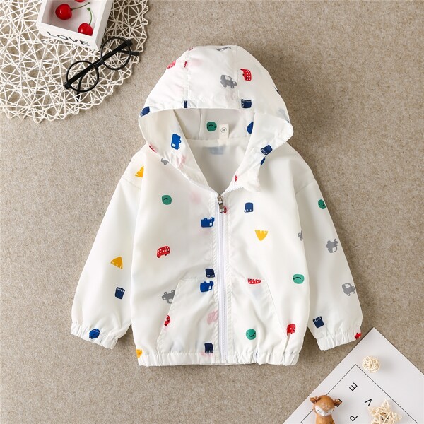 

Toddler Boys Cartoon Print Zip Up Windbreaker Jacket, White