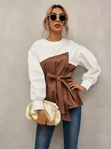 EMERY ROSE Keyhole Back Belted 2 In 1 Top Fall Cloth For Women - Multicolor - View 4