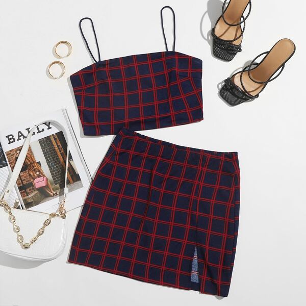 

Plaid Crop Cami Top & Split Hem Skirt Set, Multicolor