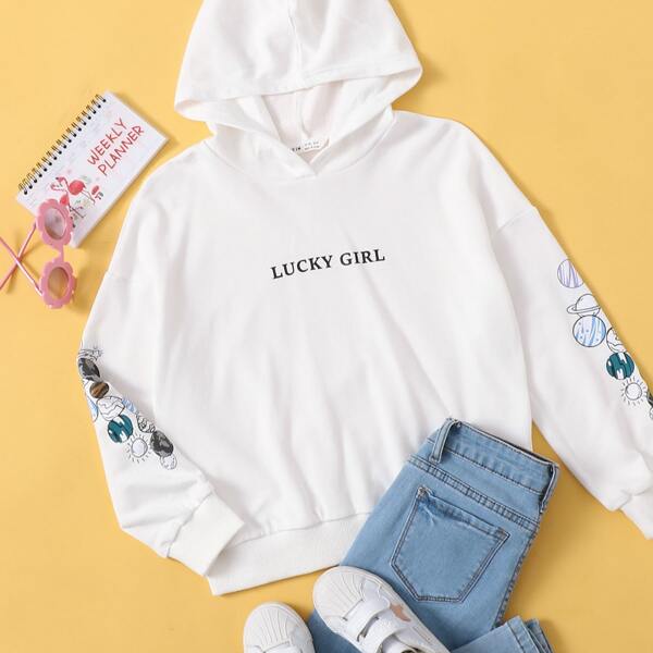 

Girls Letter & Galaxy Print Hoodie, White