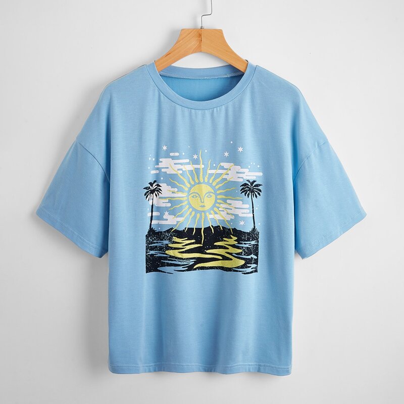 

Sun & Tropical Graphic Drop Shoulder Tee, Baby blue