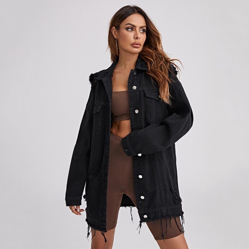 

Button Front Raw Hem Ripped Denim Jacket, Black