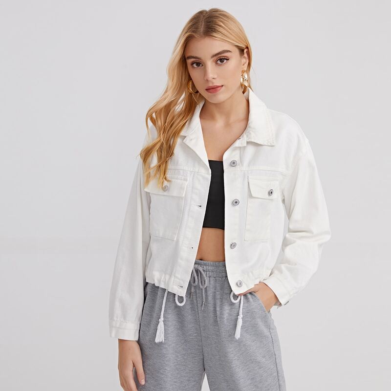 

Drawstring Hem Flap Pocket Denim Jacket, White