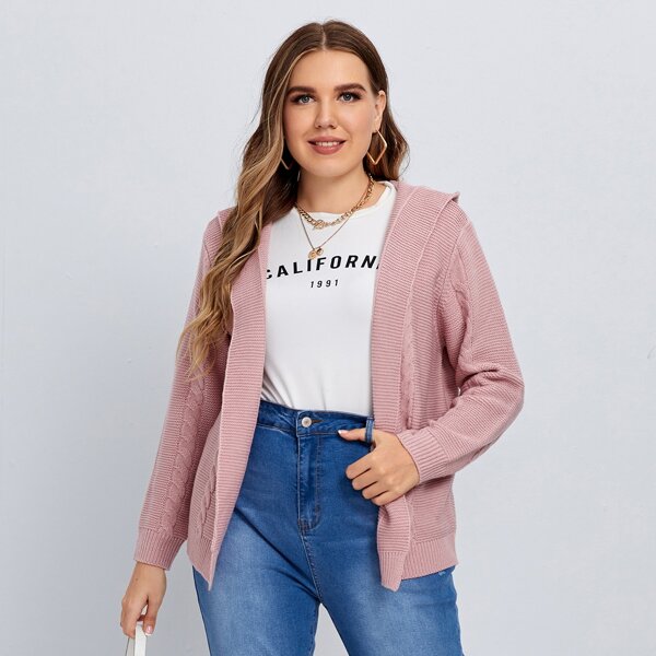 

Open Front Cable Knit Hooded Cardigan, Dusty pink