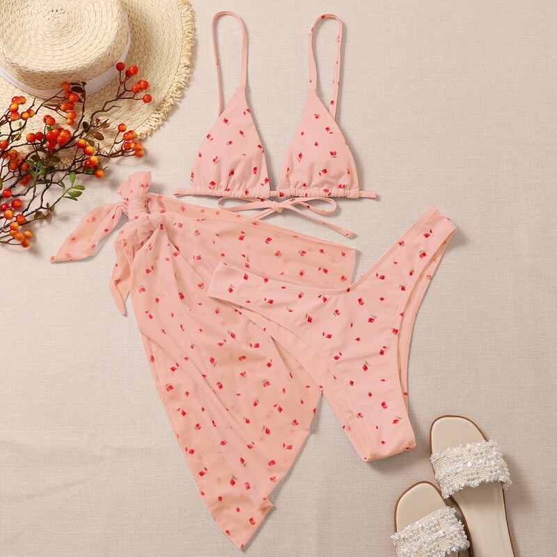 

3pack Floral Triangle Bikini Swimsuit With Beach Skirt, Baby pink