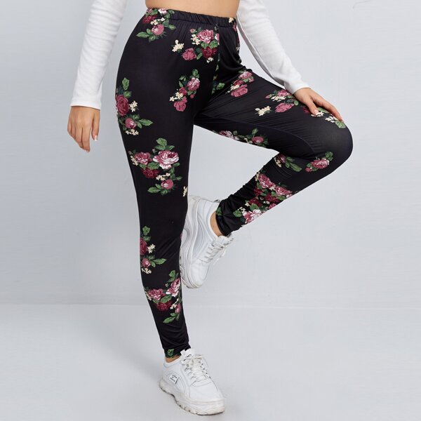 

Plus Elastic Waist Floral Leggings, Black