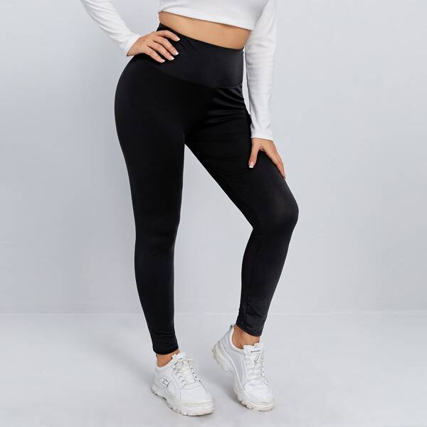 

Plus Solid Wide Band Waist Leggings, Black