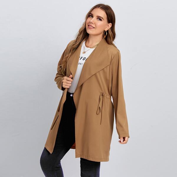 

Plus Drawstring Waist Open Front Coat, Camel