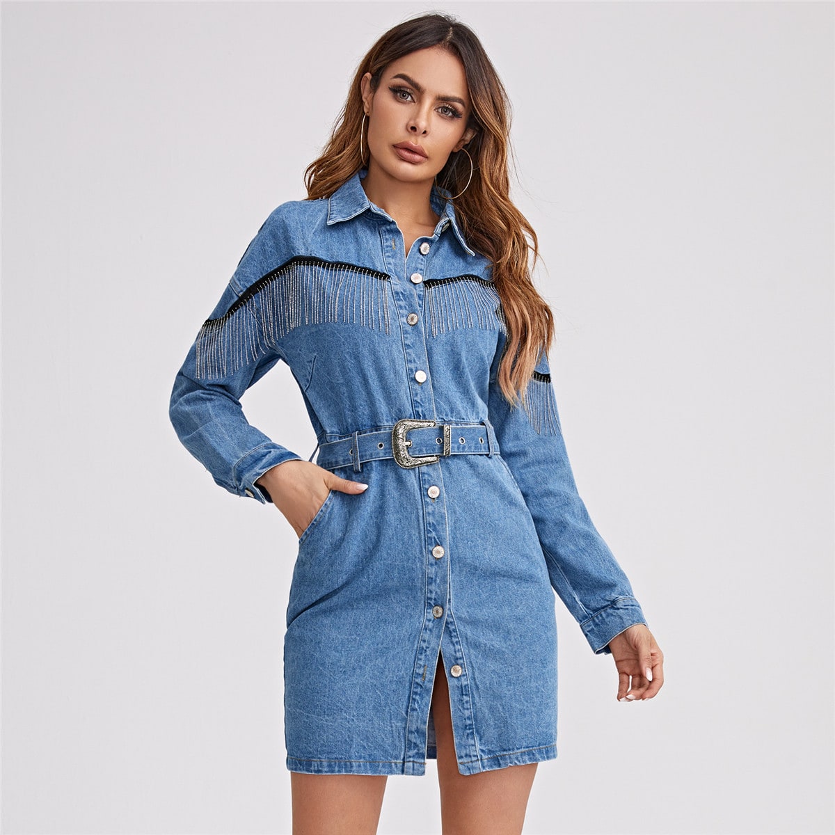 Image of Fringe Trim Button Front Buckle Belted Denim Dress
