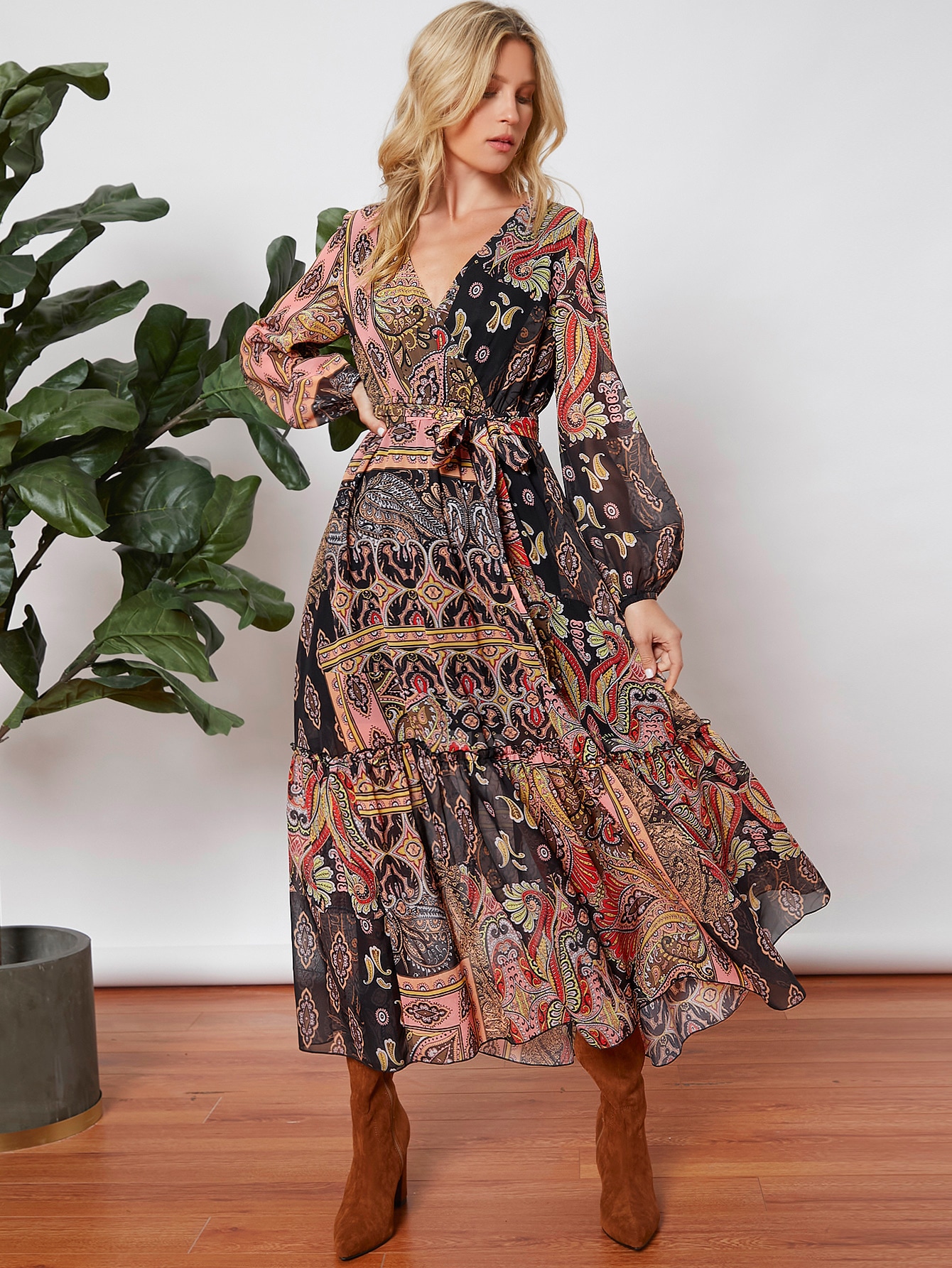 Allover Print Lantern Sleeve Belted Dress thumbnail