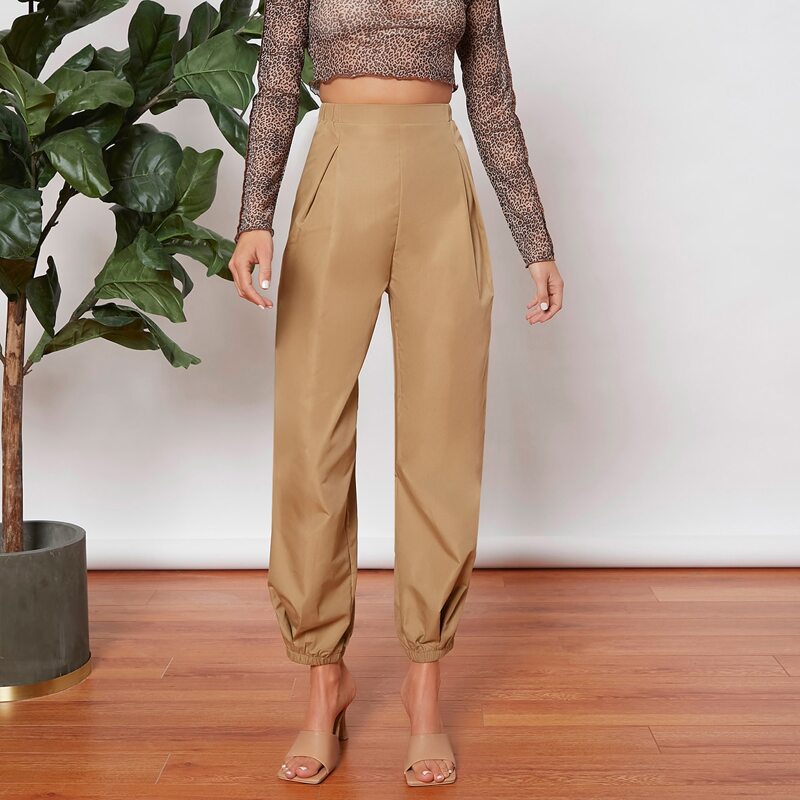 

Solid High Waist Carrot Pants, Khaki