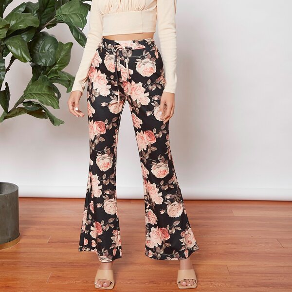 

Floral Knot Front Flare Leg Pants, Multicolor