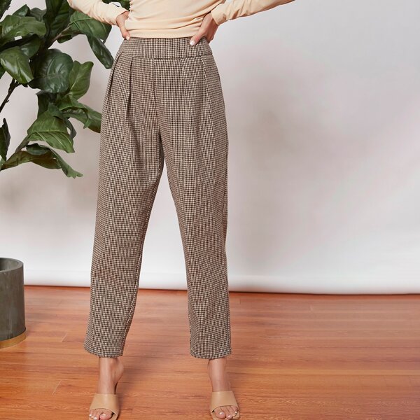 

High Waist Houndstooth Tweed Pants, Khaki