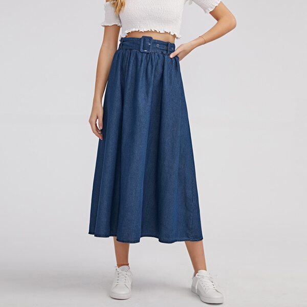 

Buckle Belted Zip Back Denim Skirt, Dark wash